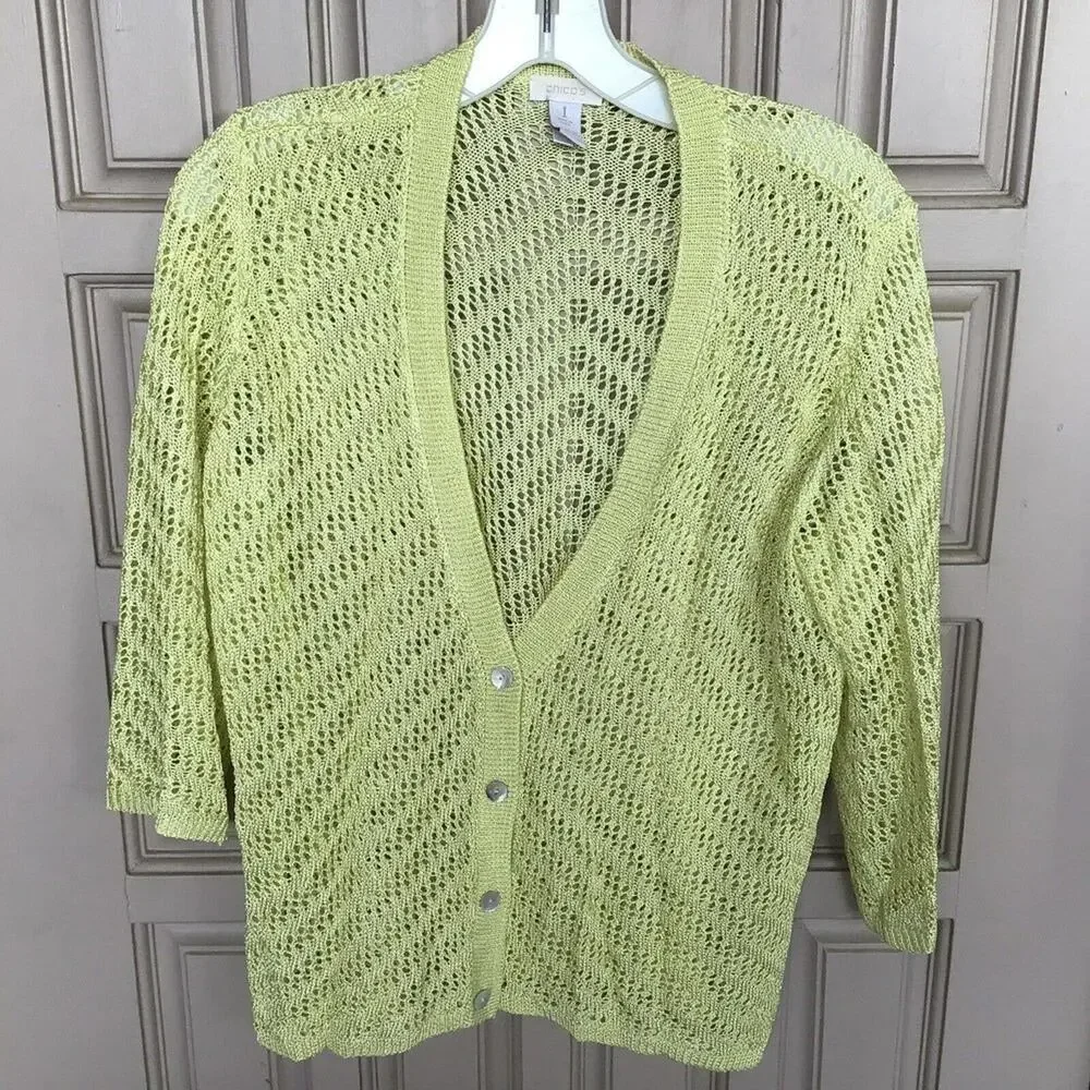 Chico's Sweater Sz1 Cardigan Yellow Open Knit V Neck Buttons 3/4 Sleeve Used